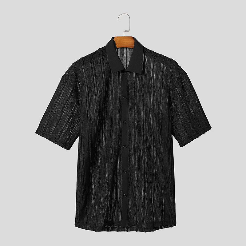 

INCERUN Mens Oversized Short Sleeve Button Down Hollow Out Casual Loose Beach Shirts S чёрный
