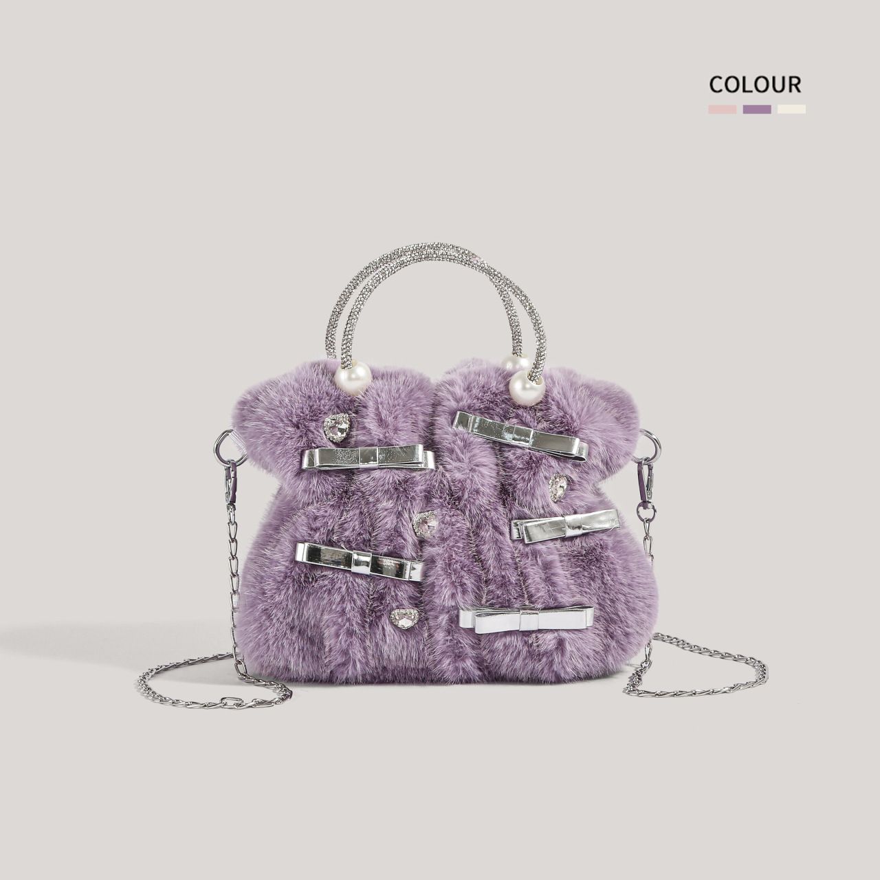 

Сумка женская из плюша со стразами на осень и зиму с мягкой текстурой и меховым бантом фиолетовый