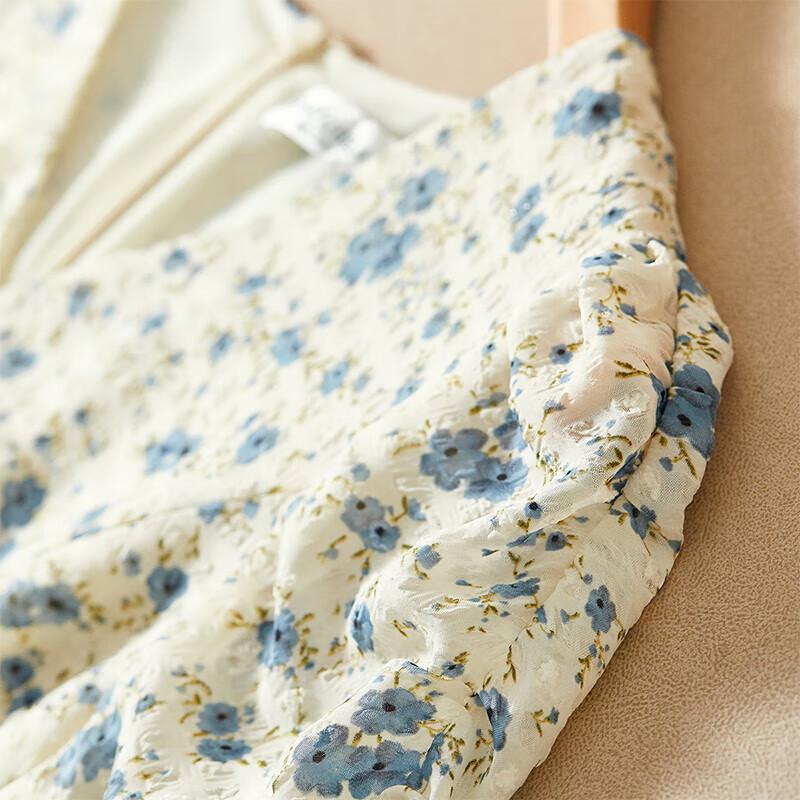 Sentubila Summer French Floral Print Dress with Puff Sleeves
