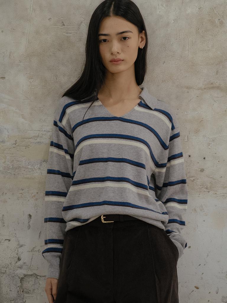 Peulibeo07 Stripe V-Neck Collar Knit [Frfa02Nt04]_2Color