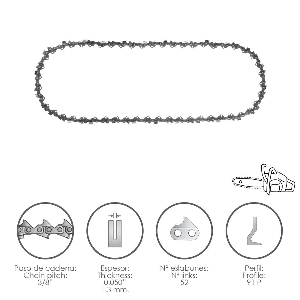 Cadena MotoSierra 3/8" / 0.050" 1,3 mm. / 52 Eslabones / 91 P