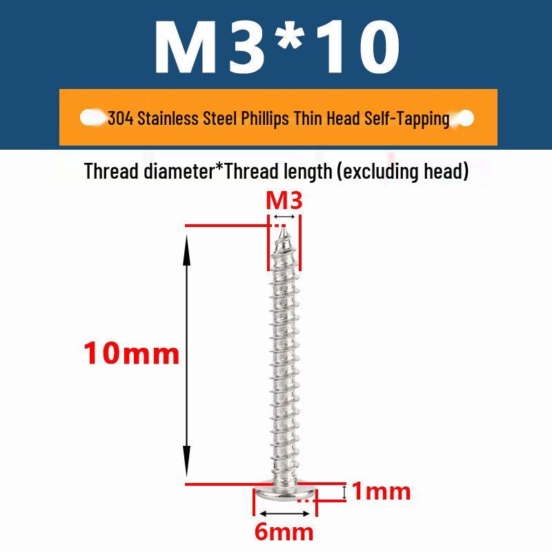 Yigu 304 Stainless Steel Phillips Thin Flat Head Self-Tapping Screw M2-M8, Countersunk Pointed Tail