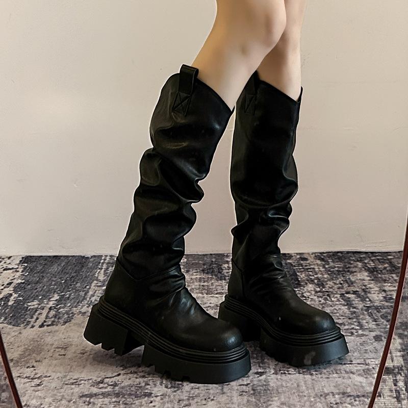 

Korean thick-soled pleated high boots women s thin but knee boots 2025 new summer and autumn long knight boots 35