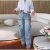 Women Cutout Diamonds Crystal Hollow Out Straight Denim Pants 2026 Spring Autumn Multi Pocket High Waist Wide Leg Jeans Trousers