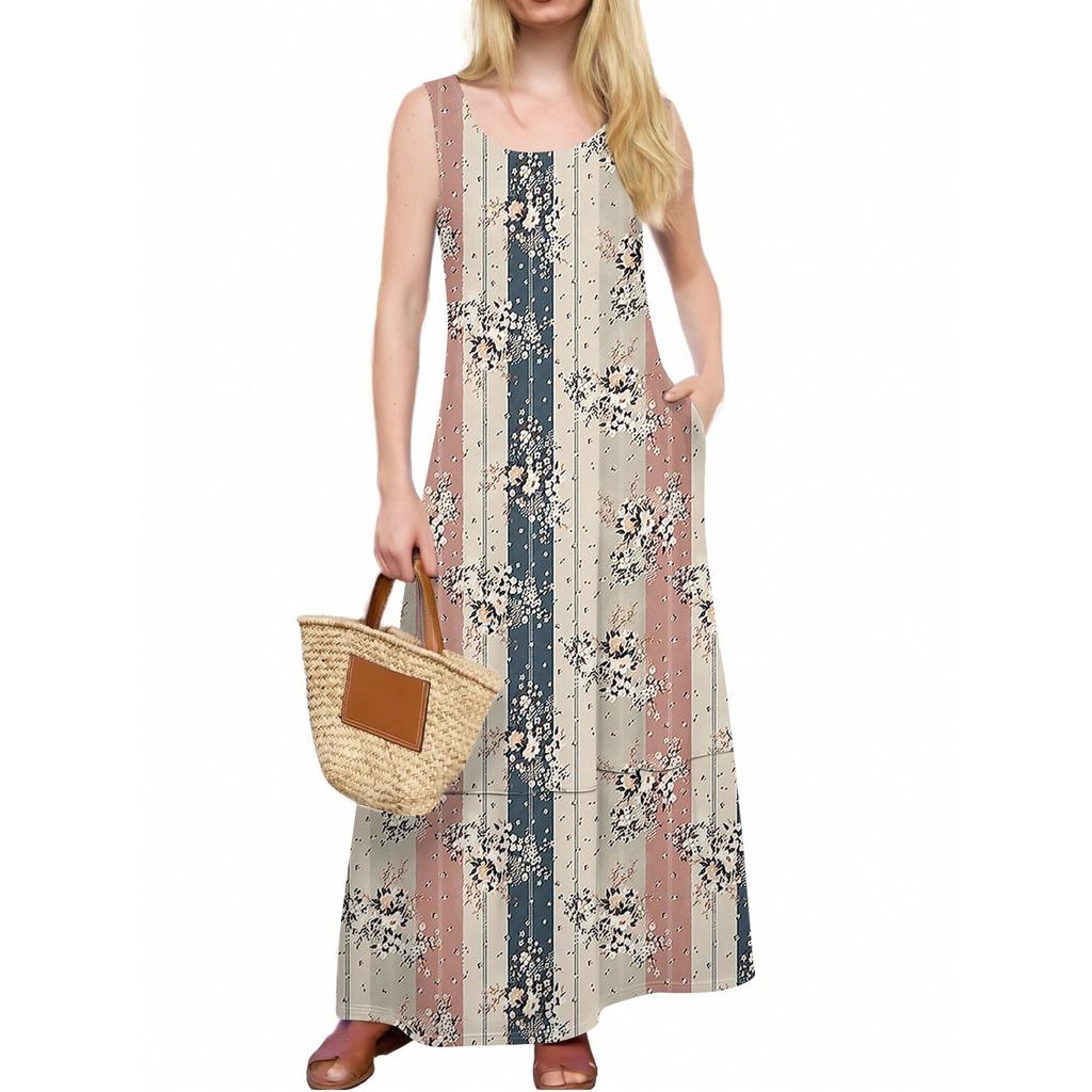 Women's Fashion Casual Maxi Skirt Summer Beach Skirt Round Neck Sleeveless Loose Color Block Stitching Print Sundress