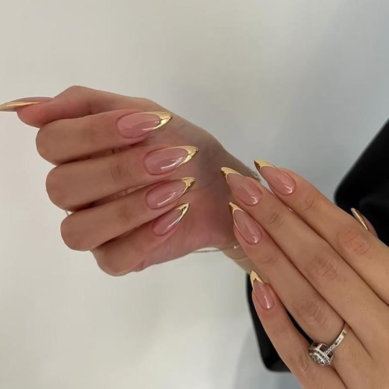 24Pcs French Tip Almond Press On Nails Solid Gradient Full Cover Acrylic False Nails Wearable Manicure Nail Art