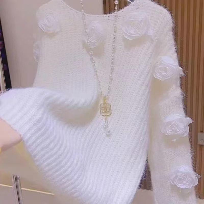 

Осенний розовый вязаный свитер с цветочным узором для женщин, ленивый французский стиль, 3D камелия, свободная зимняя одежда L белый