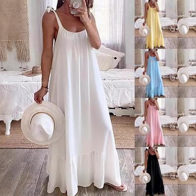 New Women's Casual Dress, U Neck Sleeveless Strap Midi Dress, Ruched Solid Color Long Dress for Ladies