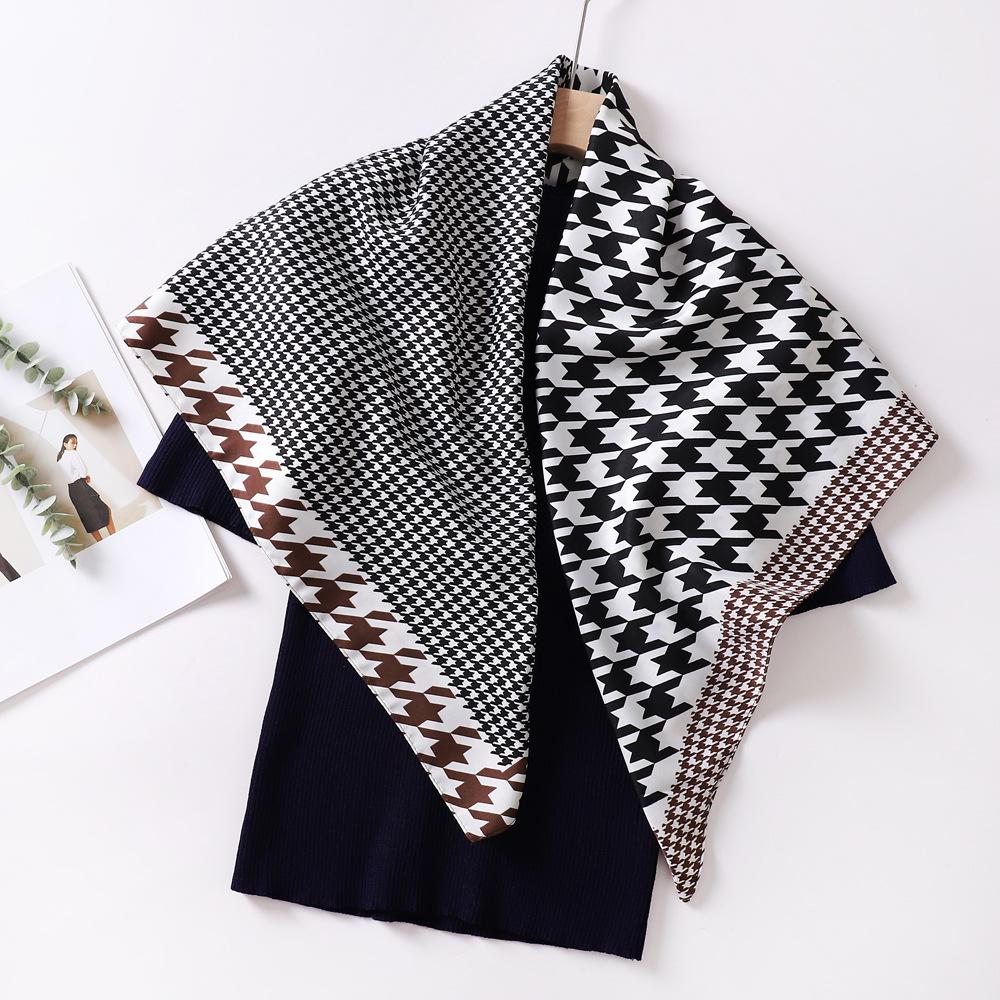 Cross-border French scarf elegant black and white thousand bird grid 90 * 90cm twill silk large square scarf silk scarf women s sunscreen shawl Twill silk 90cm