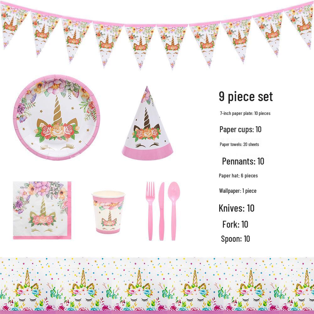 Unicorn Pink Party Set: Paper Plates, Napkins, Utensils, and Tablecloth for Children's Birthday.