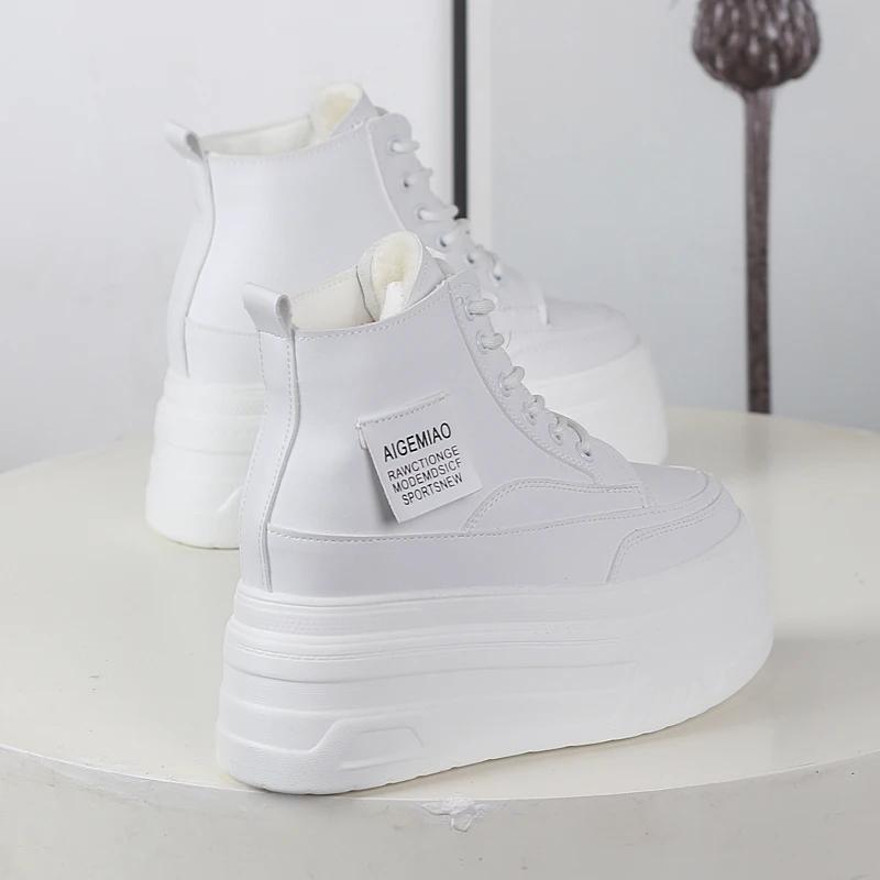 Fashion 12CM Genuine Leather Women Casual White Platform Wedge Skateboard Hidden Heel Shoes Shoes Vulcanize plush Chunky Sneakers
