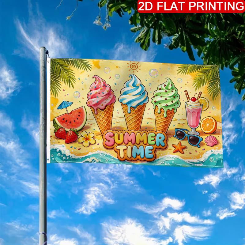 2D Flat - Single Large Flag Summer Beach Ice Cream Flamingo Swim Ring Cartoon Pattern (3) 2D Flat Print Festival Design, Single-Sided, Two Hanging Rin