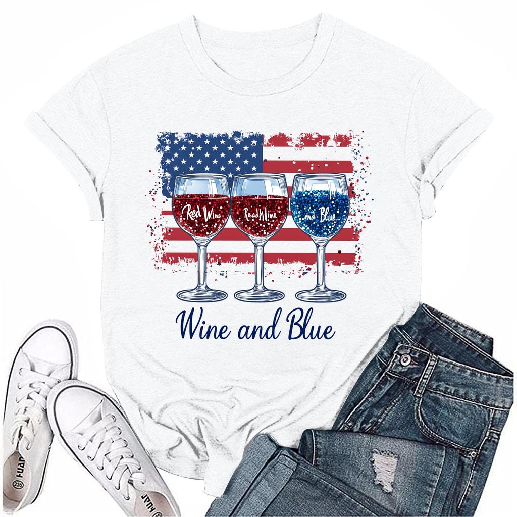 Women's Round Neck Casual Independence Day Printed Short Sleeve T-Shirt Top