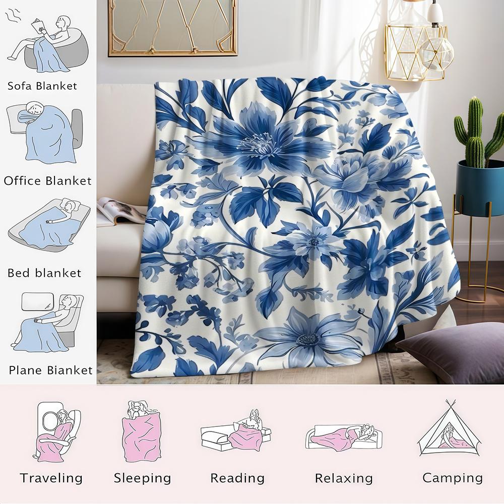Blue Floral Porcelain - Style Flannel Blanket Warm Soft Halloween Christmas Couch Warm Cozy Decorative Decor Gift for All Season