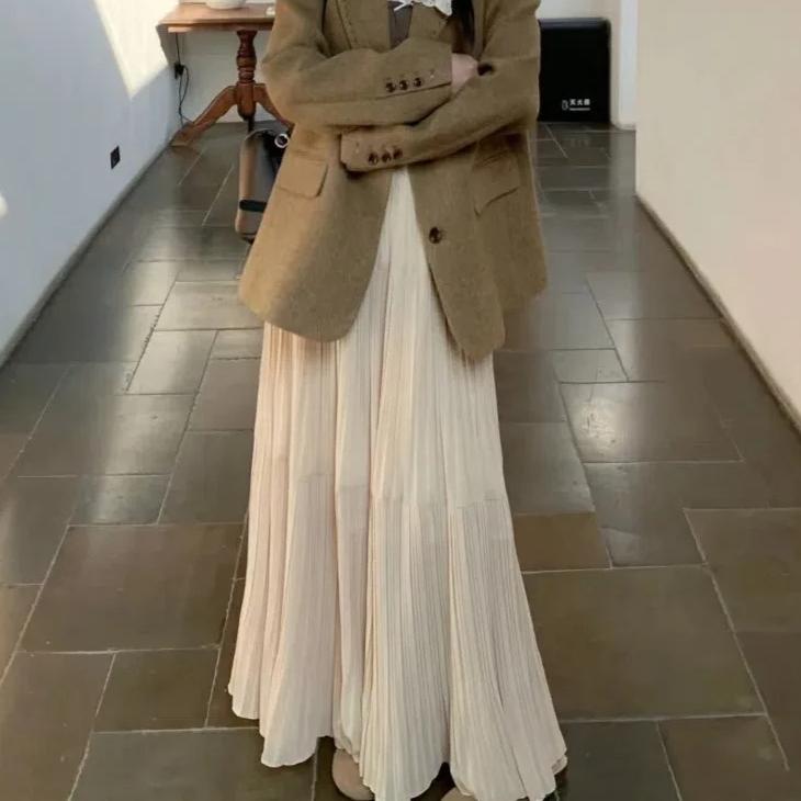 

Women Spring and Summer Trend High Waist Pleated Long Skirt Casual Elegant Solid A-line Big Swing Skirt Girl half fairy skirt XS бежевий