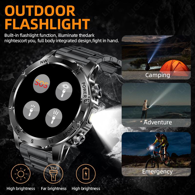 800mAh Large Battery Durable Adult Smart Watch Compass LED Flashlight IP68 BT Call Heart Rate 100+ Sports Smartwatch Men