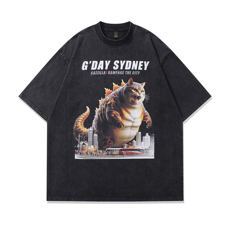 Harajuku Japanese Street Cartoon Print Old Short-Sleeved T-Shirt Men'S Trendy Brand Hip-Hop Loose Washed Five-Quarter Sleeve T-Shirt