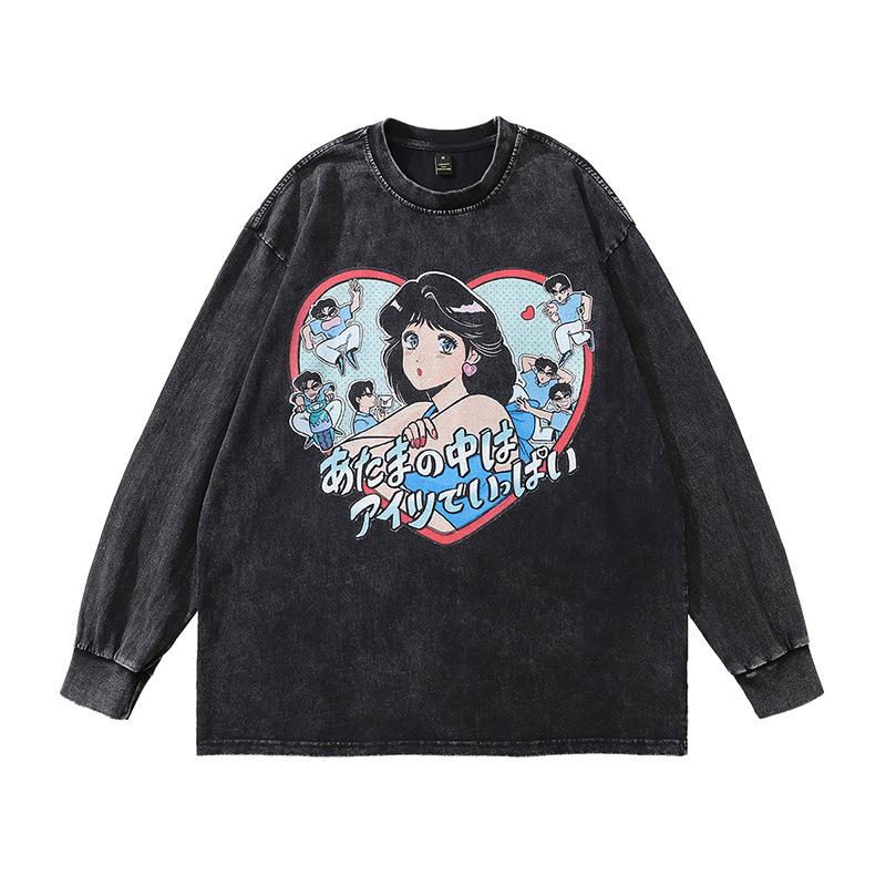 High Street Vintage Old Washed Cartoon Printed Short Sleeve T-Shirt Men'S And Women'S Bf Style Hip Hop Loose Half Sleeve Top