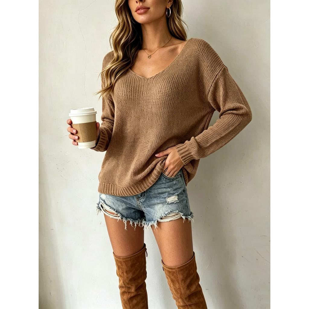 Fall Winter Women's Solid Color Slim Fit Double V-Neck Pullover Sweater Casual Knit Basic Top For European American