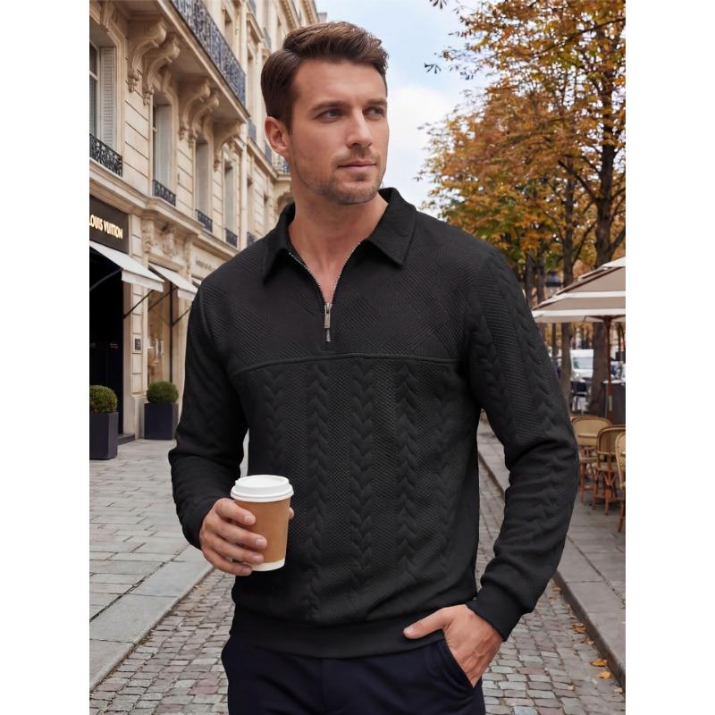 Men S Solid Color Jacquard Splice Half Zip Long Sleeve Polo Shirt