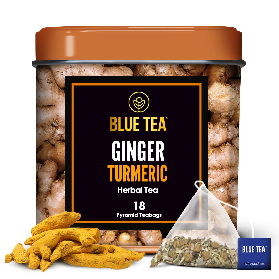BLUE TEA - Ginger Turmeric Tea - 18 Tea Bags - Plant Based || AYURVEDIC BLEND || Detox Tea - Immunity Booster - Caffeine Free - Non-GMO - Gl