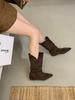 2025 new retro stacking boots inner height increase and thin thick heel short boots women's brown pointed mid tube western boots