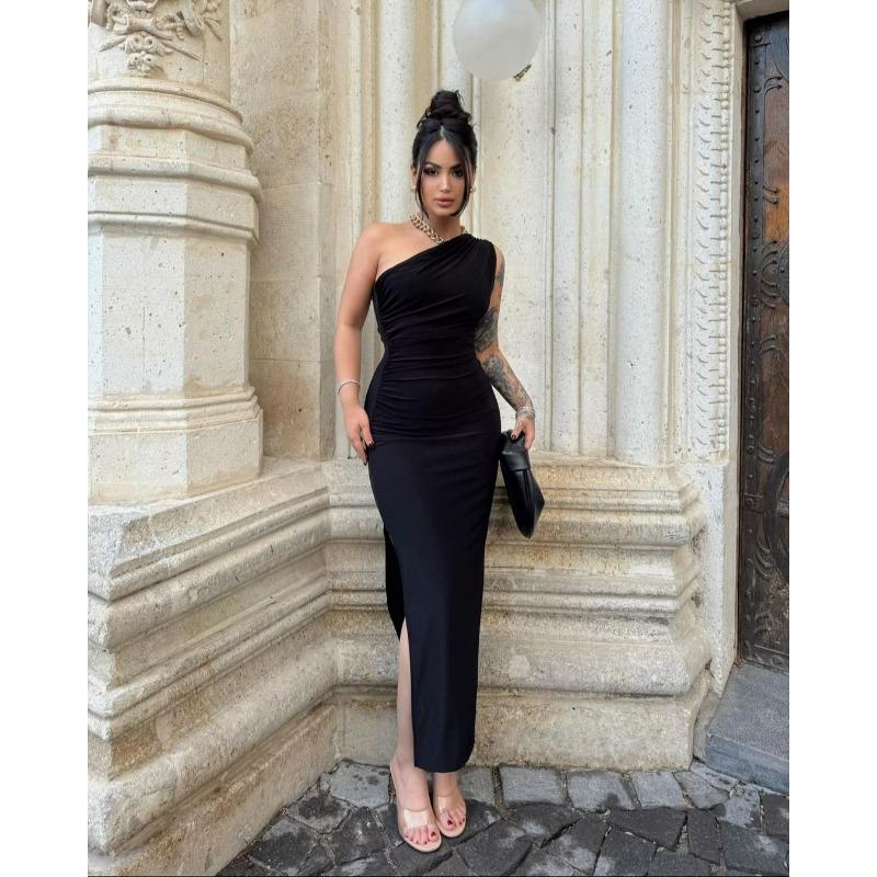 

Sleeveless Slant Shoulder Summer Elegant Dress New Women s Fashion Solid Color Pleated Slit Party Bodycon Dress Female Backless Evening Clothing XXL чорний