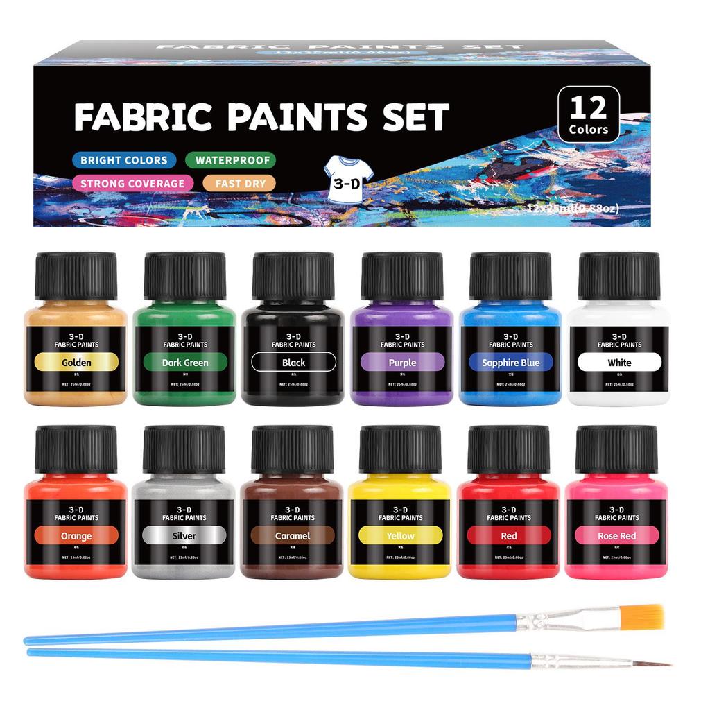 12-kleurig Textielpigmenten Set (25ml) voor doe-het-zelf Glas, Graffiti, Aquarel, Gouache en Acrylverf
