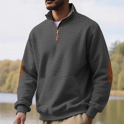 Men's Casual Sports Sweatshirt with Jacquard Small Check Pattern, Stand Collar, Half-Zip and Waffle Weave