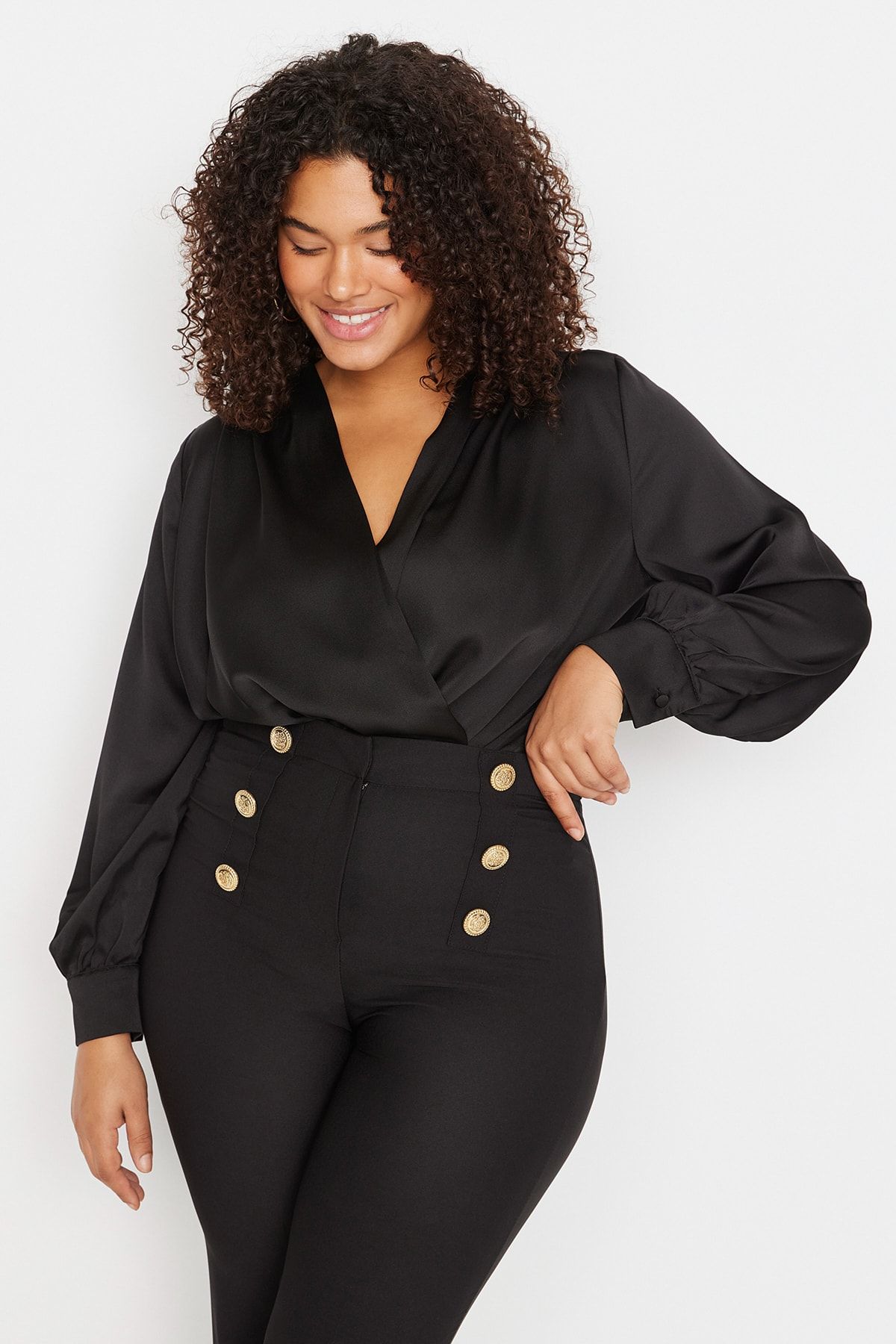 

Women s Style Plus Size Satin Look Body with Black Woven Buttons XL