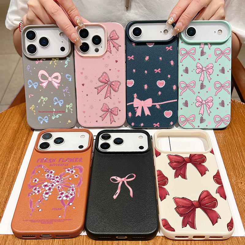 Leather Texture TPU Phone Case For iPhone 17 17e 16e 16 15 Pro Max 14 13 Pro Max 11 Pink Bowknot Print Soft Silicone Back Cover