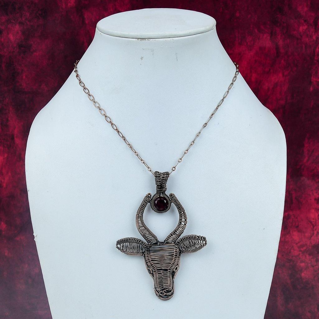 Faceted Mozambique Garnet Gemstone Pendant Copper Wire Wrapped Cow Face Pendant