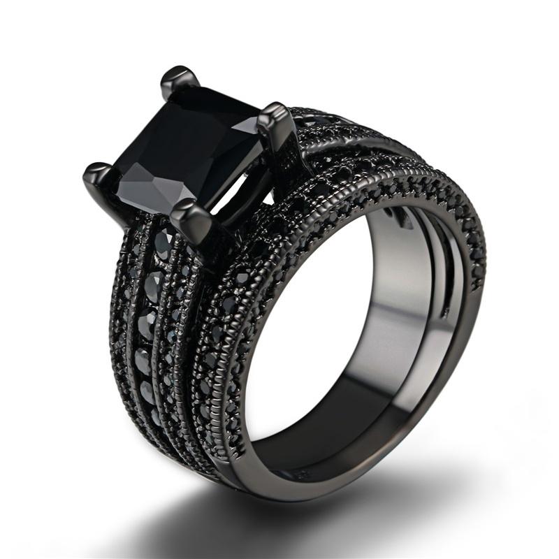 Fashion Couple Rings Romantic Women Black Rhinestones Zirconia Rings Set Simple Men Stainless Steel Ring Wedding Party Jewelry