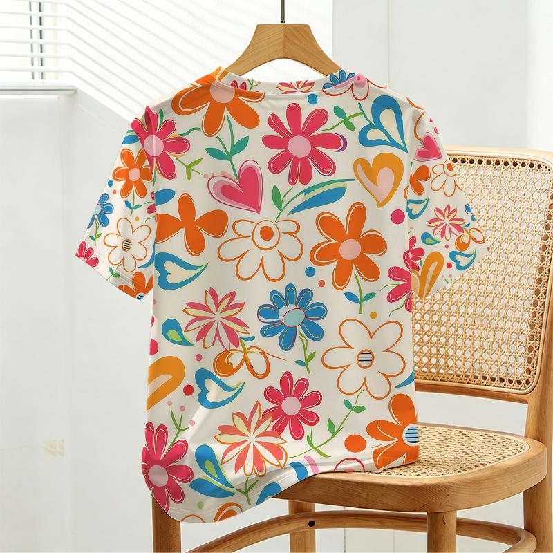 Women’s Colorful Floral Print Short Sleeve T-Shirt - Soft Street Casual Top, Versatile for Daily & Campus Wear