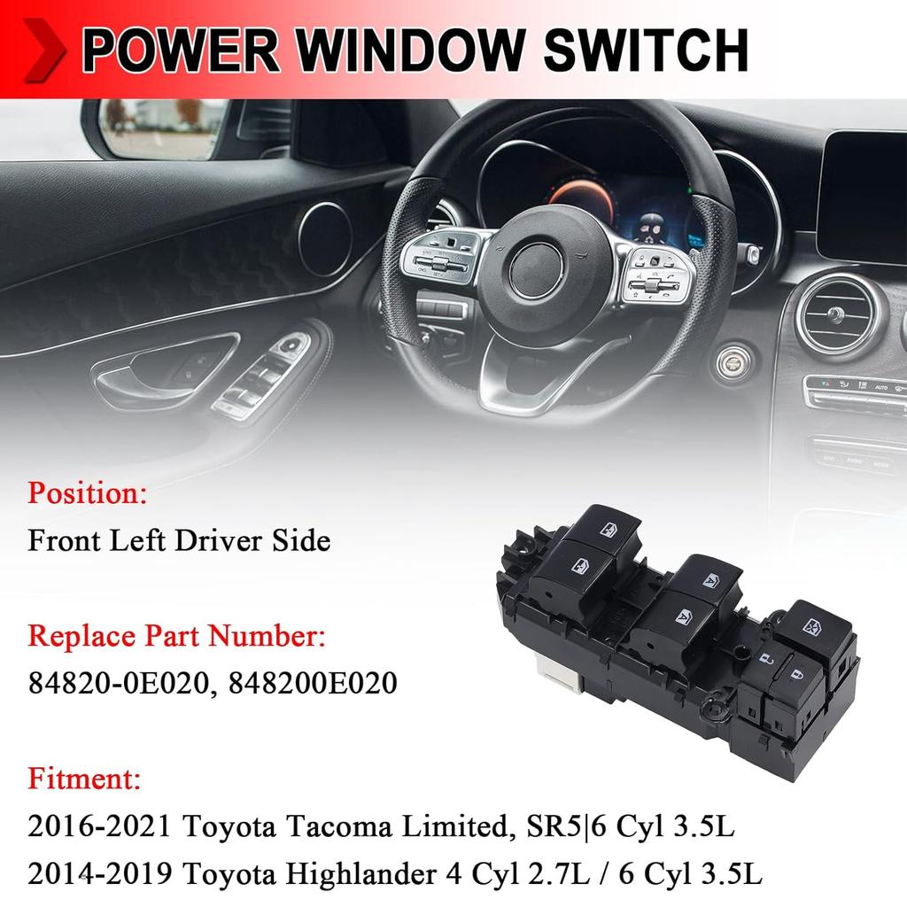 84820-0E020 Front Left Driver Side Power Window Master Control Switch Button Fit for Toyota Tacoma 2016-2021, Highlander 2014-2019