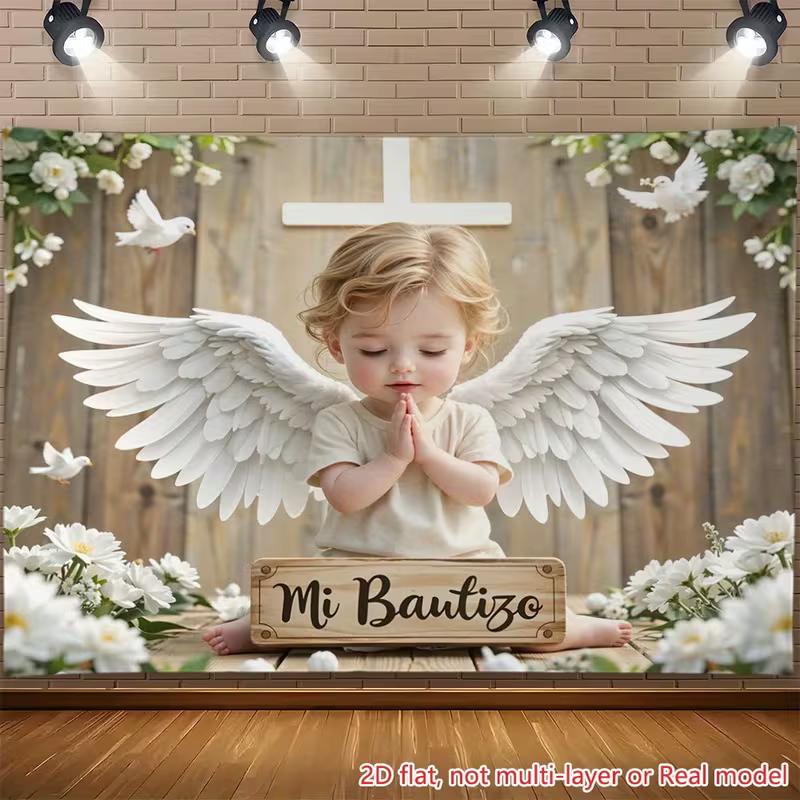

2D Mi Bautizo Baptism Backdrop, Angel Baby Photo Background 47.2x31.5inch/120*80cm