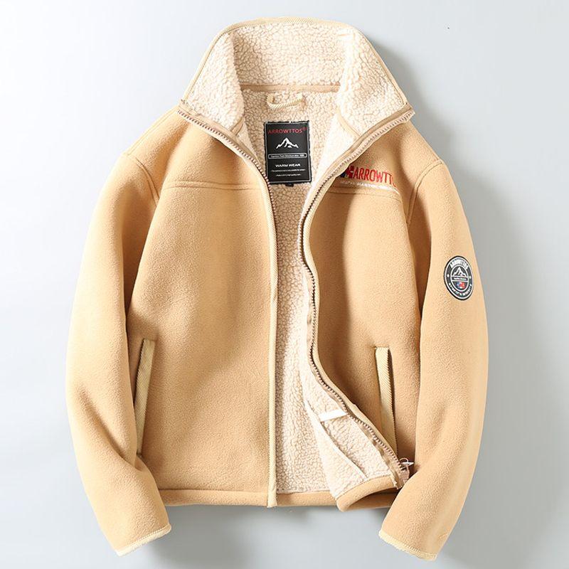 Heavy Cattle Goods ~ Autumn and Winter Thickened Polar Fleece Zip-up Jacket Men s Fleece Stand Collar Warm Berber Fleece Cotton Jacket Khaki 2XL