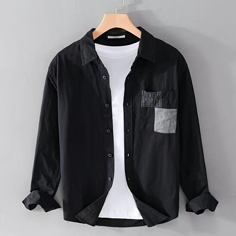 

Men s Long-sleeved Shirt Casual Loose Spring and Autumn Shirt Jacket Trendy Versatile Japanese Work Tops S чорний