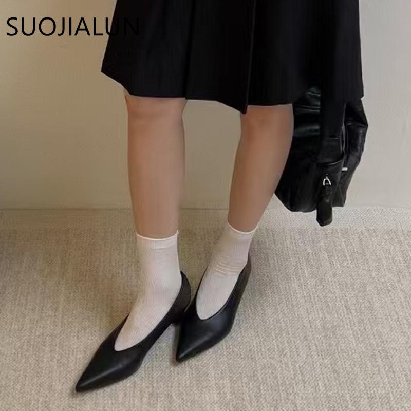 Fashion SUOJIALUN Spring Brand Women Pumps Shoes Fashion Pointed Toe Shallow Slip On Ladies Elegant Boat Shoes Thin Med Heel Single Shoe