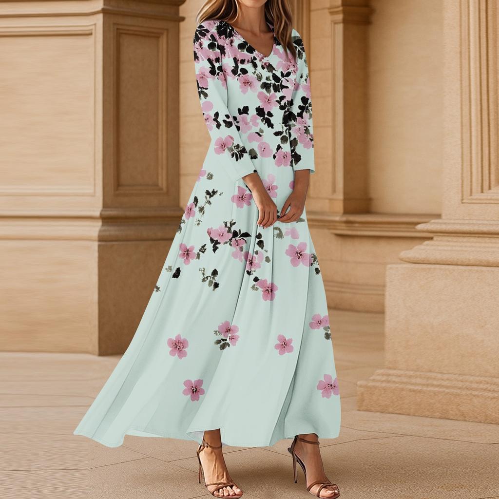 Women's Casual 3/4 Sleeve V-Neck Floral Print Maxi A-Line Beach Dress