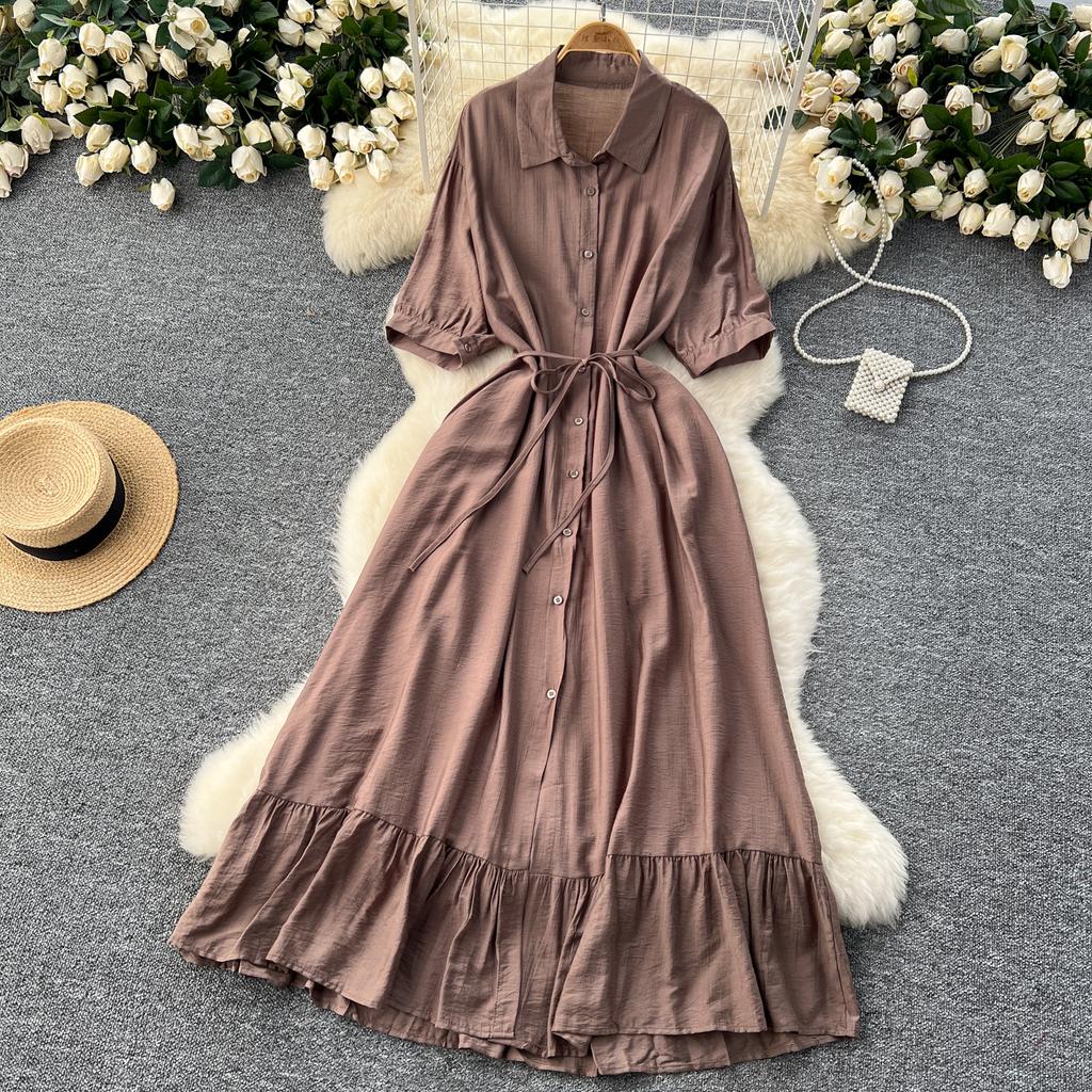 Sexy Chic Polo-Neck Single Breasted Ruffle Dress Elegant Korean Fashion Slim Summer Vintage Sweet Dresses