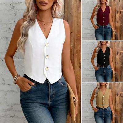 Top Gilet in Lino da Donna Casual Slim Fit Senza Maniche Bottoni Sottile Scollo a V Corto Outfit da Ufficio