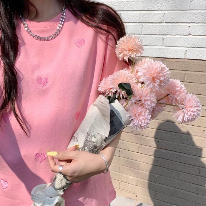 

Женская футболка с вышивкой сердечка, свободного кроя, с коротким рукавом и круглым вырезом 2023 - Модная корейская летняя мода Double Extra Large розовый