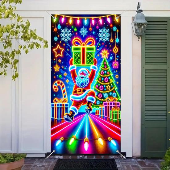 Fluorescerande Juldörröverdrag 71x35 tum Lyser i Mörkret Dörrbanner med Jultomte Gran Presentask för Vinter ytterdörr Fest Väggdekor