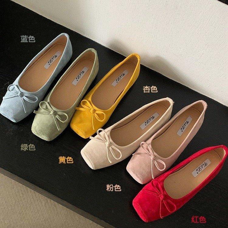 Suede Flat-heeled Single Shoes 2025 Spring New Flat-heeled Middle Mouth Without Inner Lining One-pedal Square Head Casual Doudou Shoes Women
