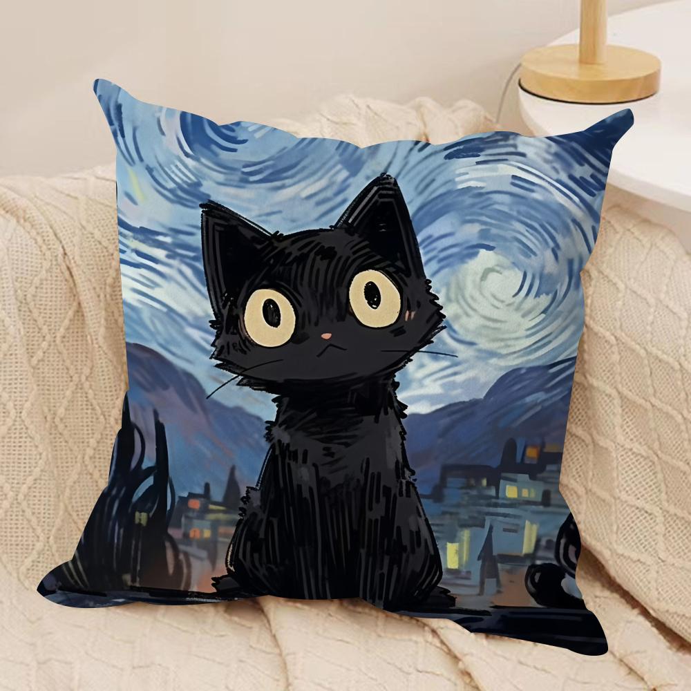 Van Gogh Starry Night Cat Cushion Cover Silky Short Plush Invisible Zipper Dustproof Sofa Pillow Case For Home Decor
