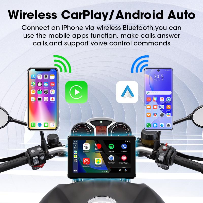 7” Motorcycle GPS Navigation Waterproof Wireless Carplay Android Auto Display Screen Portable Motorbike Moto Monitor DVR Dual BT