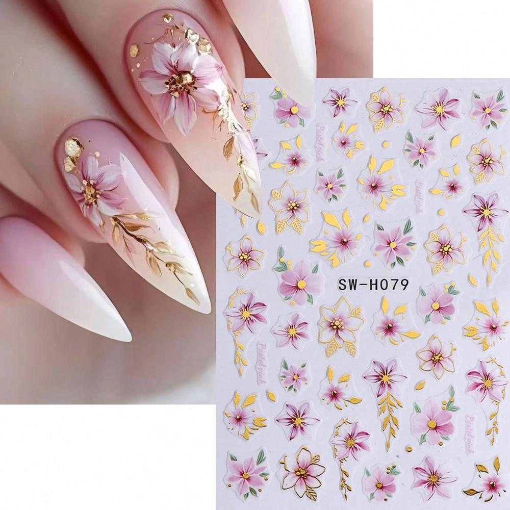1Pc Gold-Edged Pink Floral Nail Sticker, Cherry Blossom Vine Pattern for Spring & Summer Nails