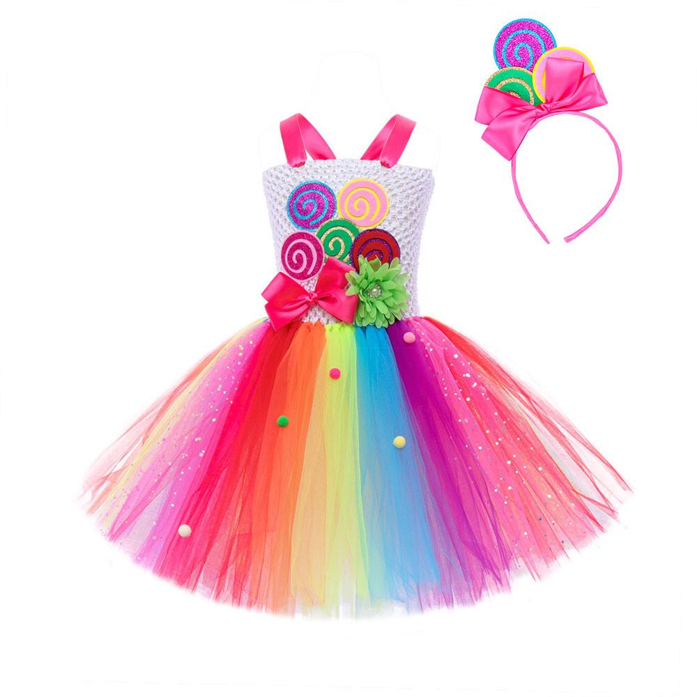 

Дети Девочки конфеты сладкий леденец радуга сетчатое платье пачка головной убор комплект детские костюмы для косплея на Хэллоуин ребенок ролевая игра принцесса наряд для вечеринки S