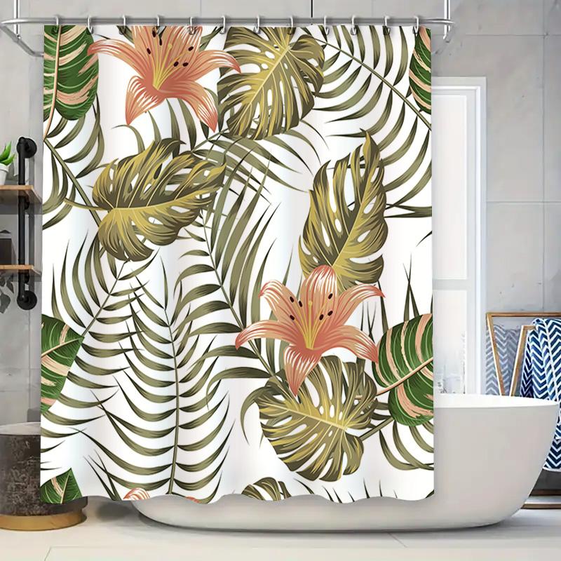 

Exotic Floral Green Leaves Shower Curtain For Bathroom Decor Pink Lily Monstera Plant Pattern Printed Fabric Waterproof Bath Mat W60H190(CM)-1 Pcs